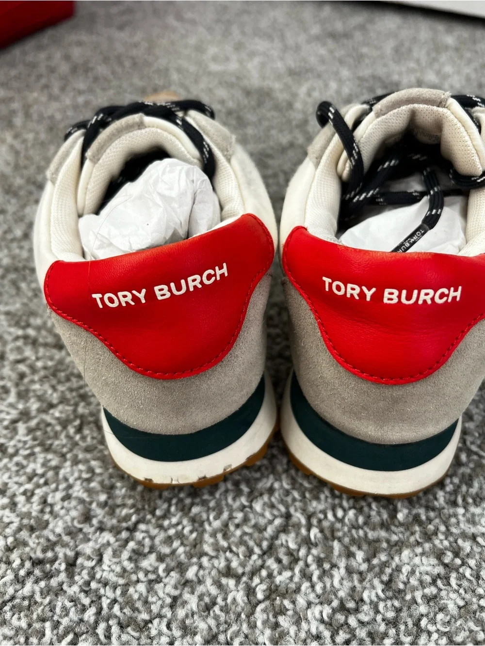 Tory Burch Men's Suede & Mesh Sneakers - White, Taupe & Red - Picture 7 of 8